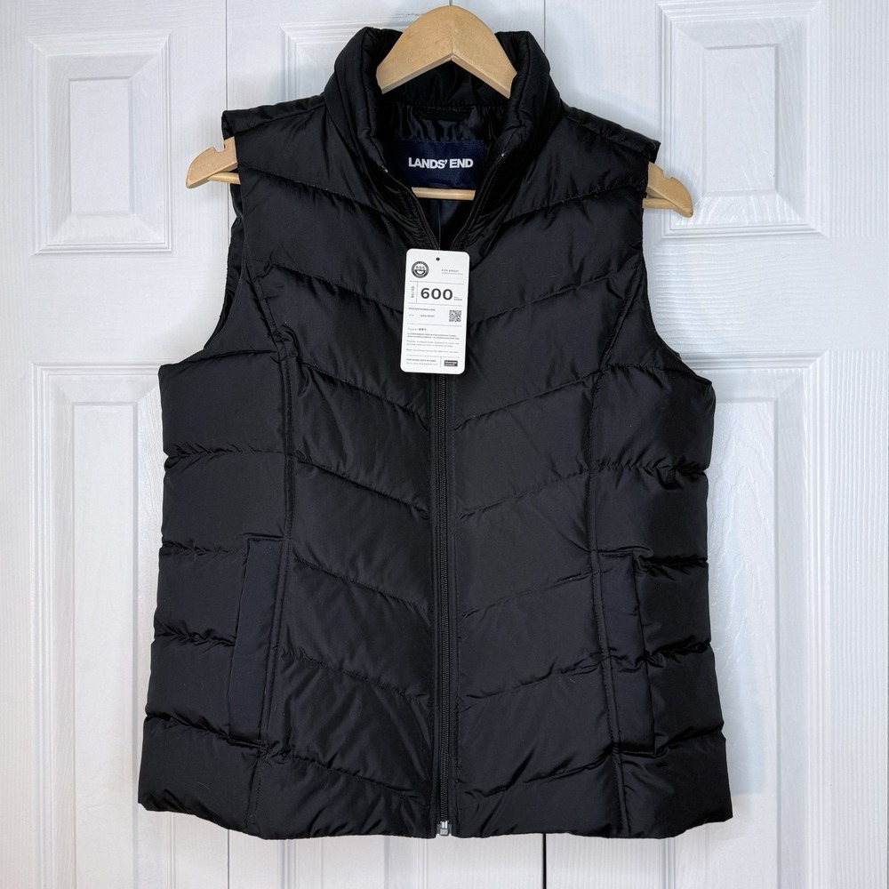 Lands' End Wmn's Hyperdry 600 Fill‎ Goose Down Puffer Vest Sz M 10-12 Black NWT